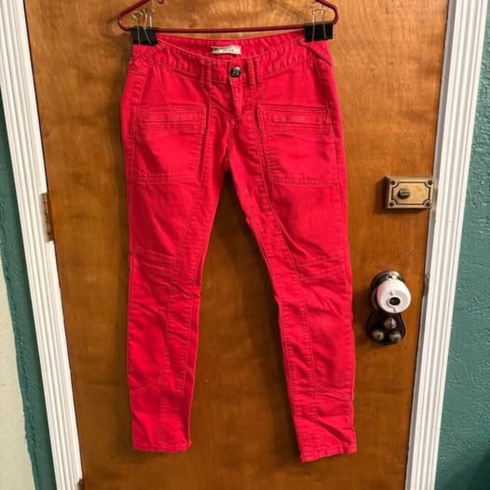 Free People Red Moto Utility Low Rise Skinny Jeans Funky Punk Boho 2000s Size 26